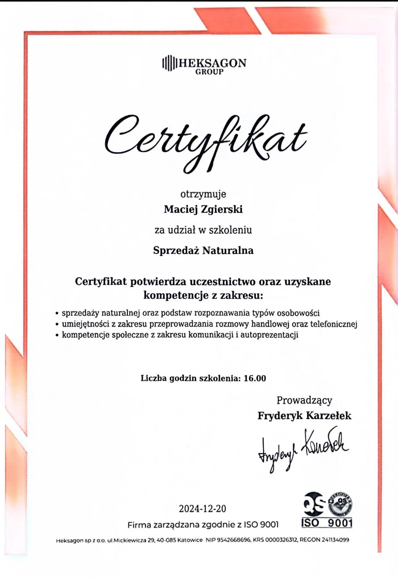 Certyfikat za udział w szkoleniu