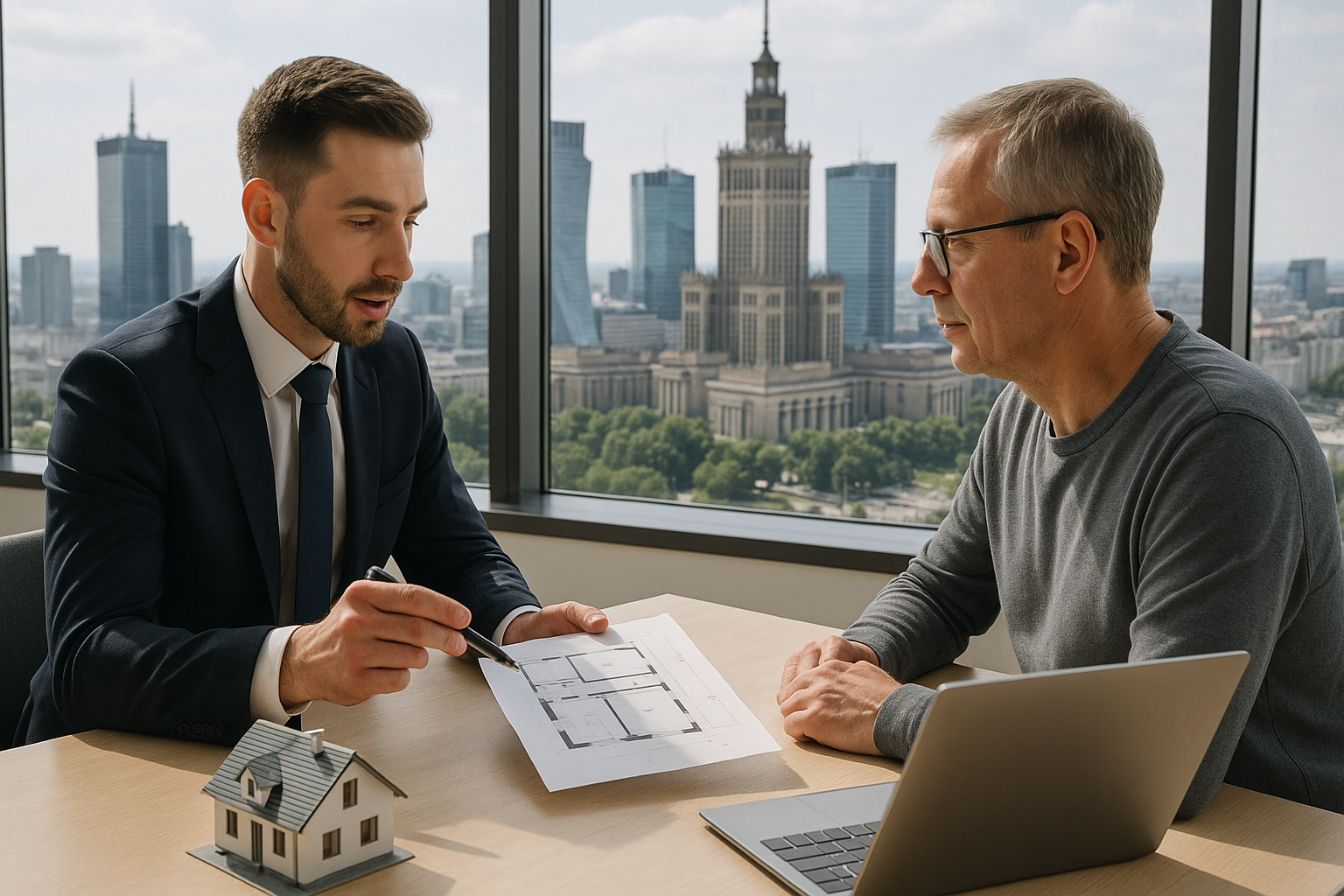 Agent nieruchomości w Warszawie doradzający klientowi przy sprzedaży mieszkania